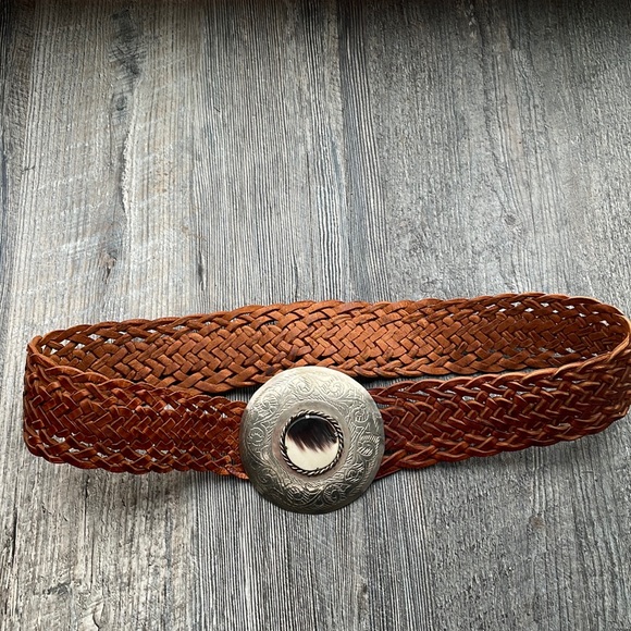 VTG JF Brown Leather Belt Brass Buckle 30